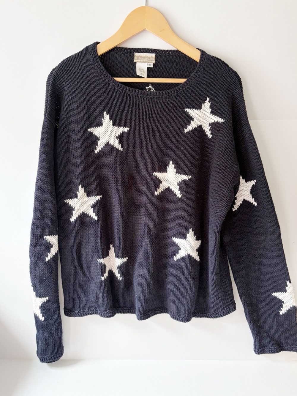Coldwater Creek Navy Blue Sweater with White Star Pattern 100% Cotton Medium